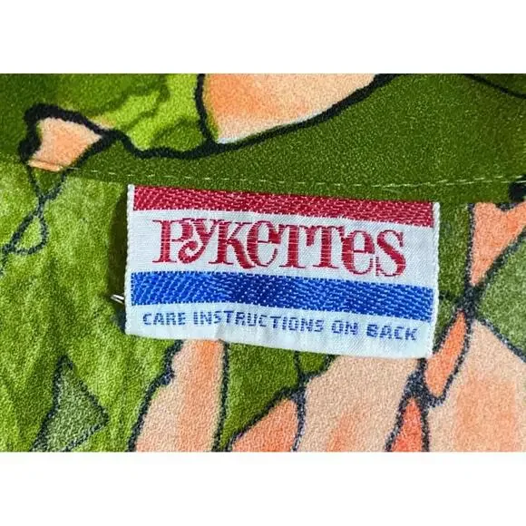 1960's MOD Watercolor Floral Avocado Green + Orange Shirt Dagger Collar Large - Picture 8 of 9